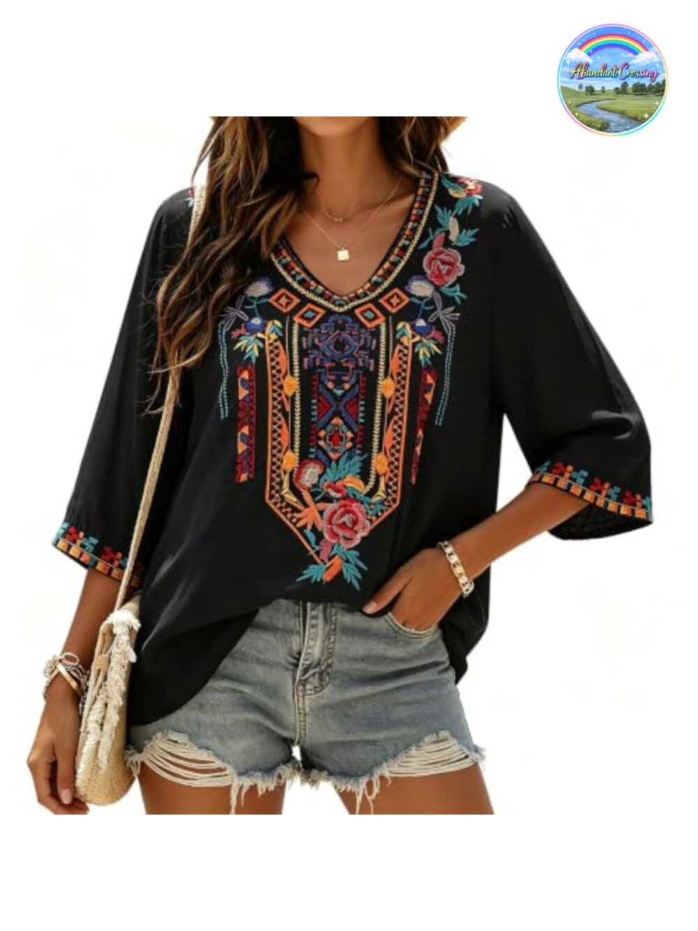 Embroidered Peasant Blouse 3/4 Sleeve V-Neck Cotton-Rayon Tunic Top Women